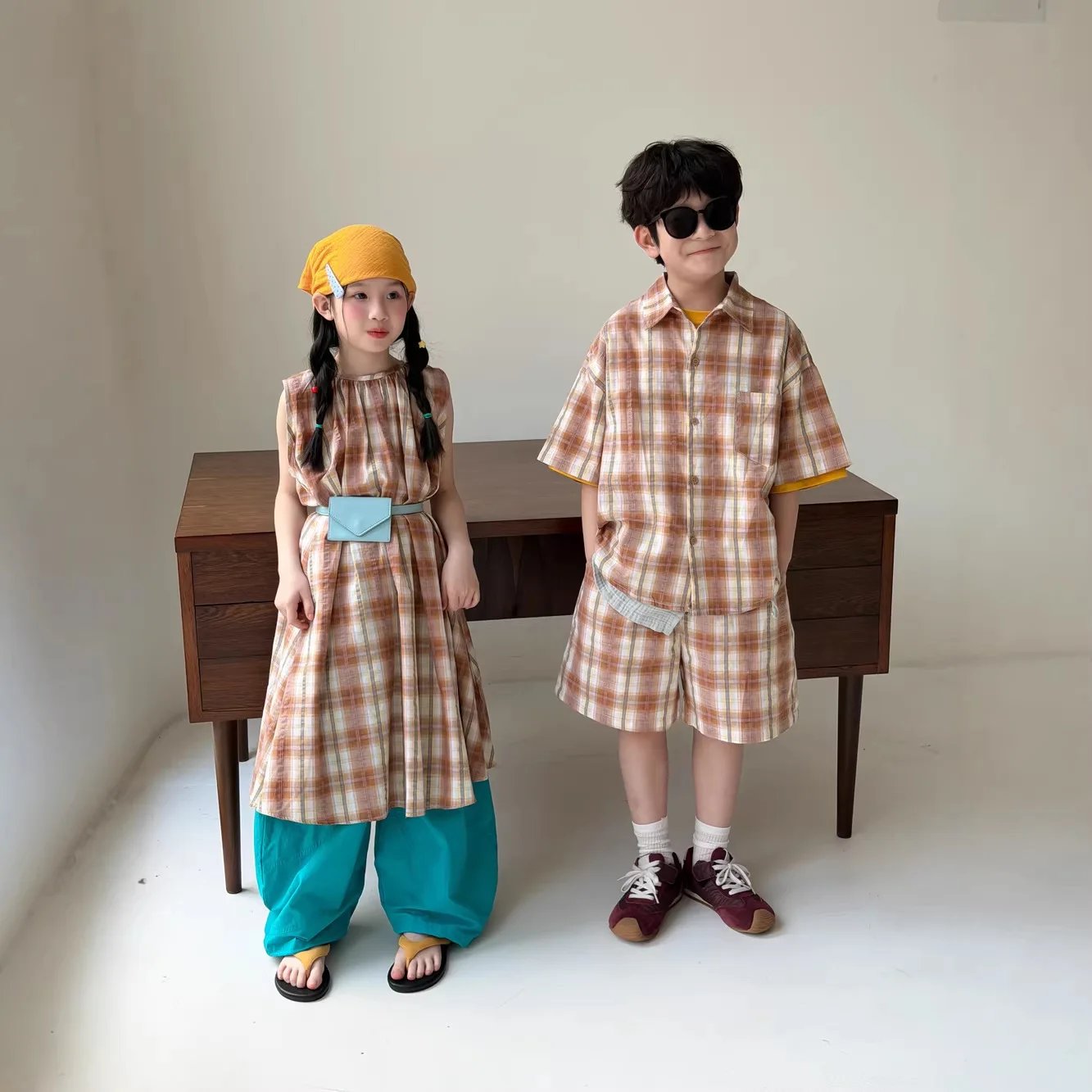 Brother Sister Matching Outfits 2026 Summer Sibling Clothes Boy Girl Korean Style Plaid Shirt Shorts Set Loose Sleeveless Dress