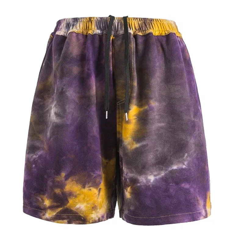 New Men  SummerCotton Looped Purple Gold Tie Dye Loose Knit Sports Shorts Hip-hop Street Beach five Quarter Pants Shorts Men