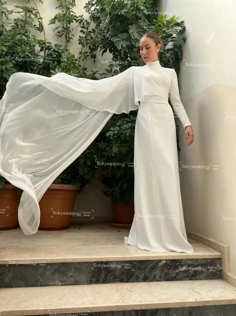 Elegante muçulmano vestidos de casamento alta pescoço plissado manga longa vestidos de noiva com envoltório varredura trem plissado robe de mariée personalizado