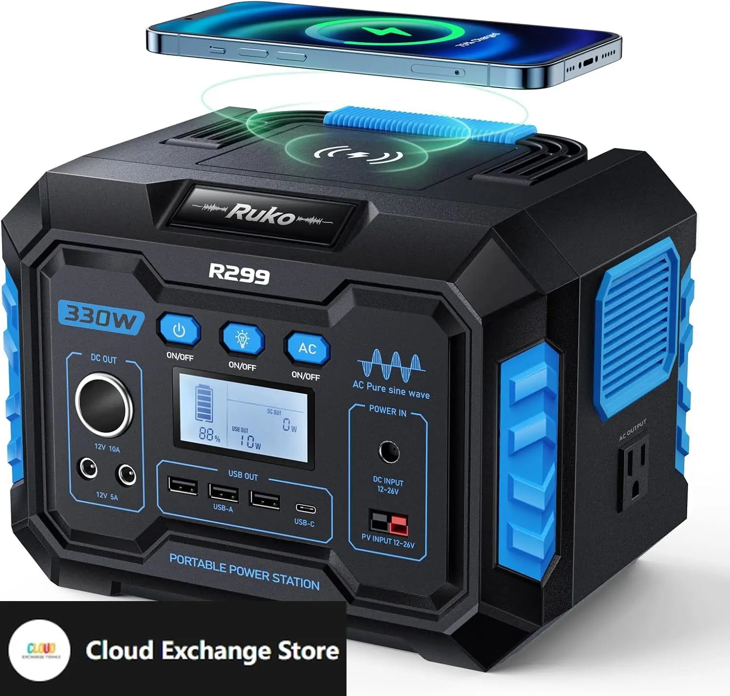 

R299 Portable Power Station 330W, 288.6Wh 9-Port Portable Generator with Flashlight