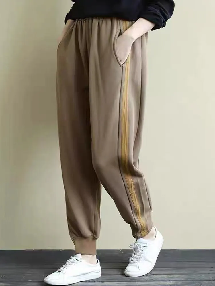 캐주얼 할란 팬츠 엘라스틱 웨이스트 나인 포인트 스플라이스 사이드 컬러 블로우 루즈 핏 가을 겨울 신상 여성 패션 바지