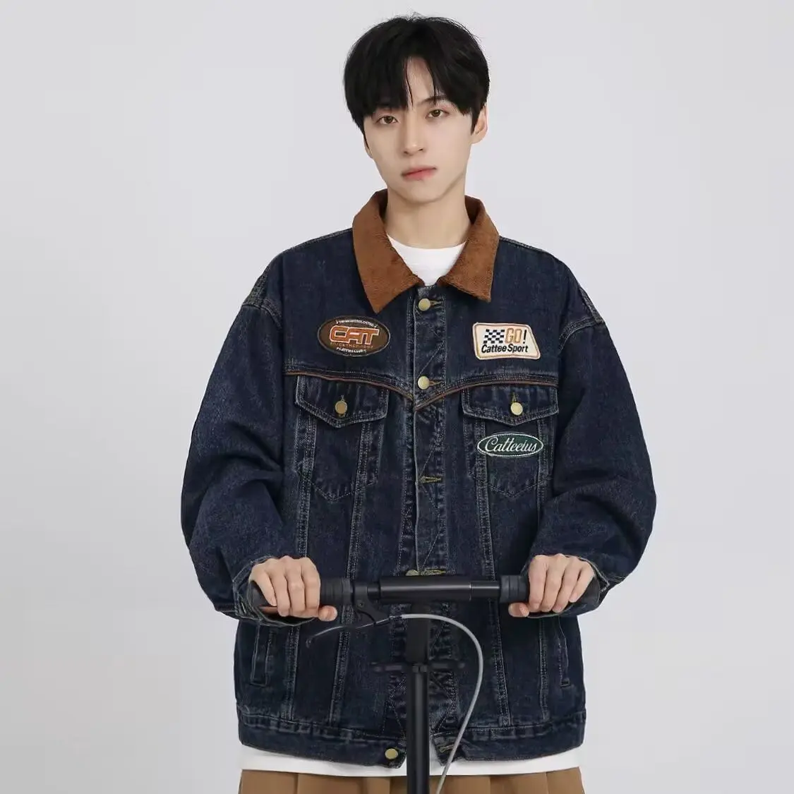 

Loose Men's Jaet Trendy Street Sle Casual Haome Spring Autumn Polyester Fiber Stand Fit Long Sve Flip Collar