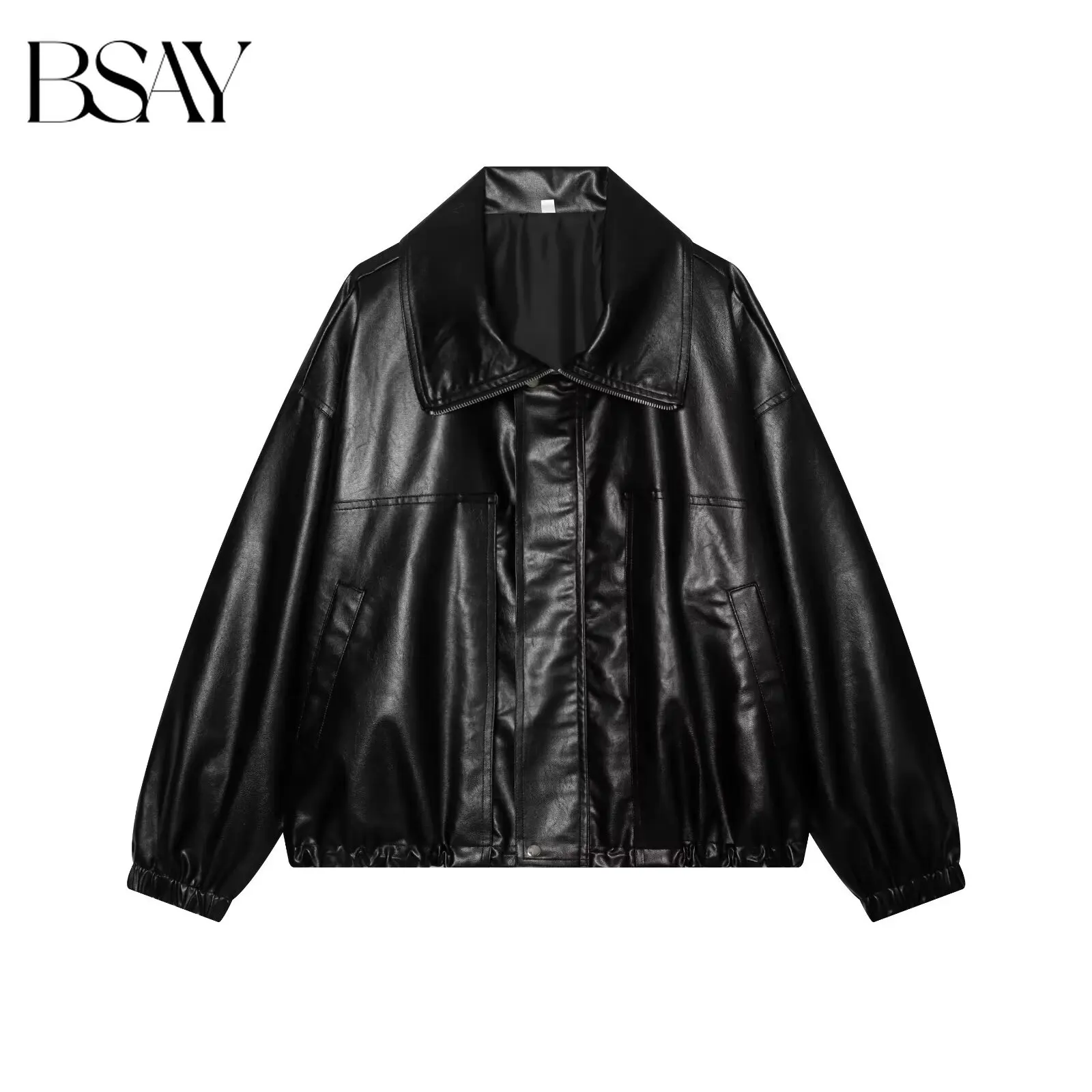 BSAY Summer New Women Vintage Fashion Black Motorcycle Jacket Lapel Collar Zip Up Elastic Cuffs Pockets Simple Casual Outer Coat