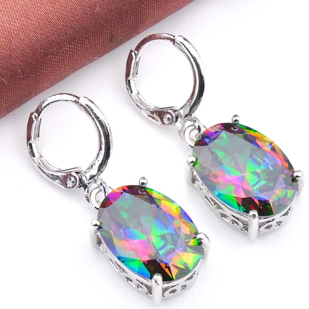 Oval Shape 14x10mm Mystic Topaz Morganite Citrine Topaz Garnet Peridot Black Onyx Gemstone Silver Dangle Earrings