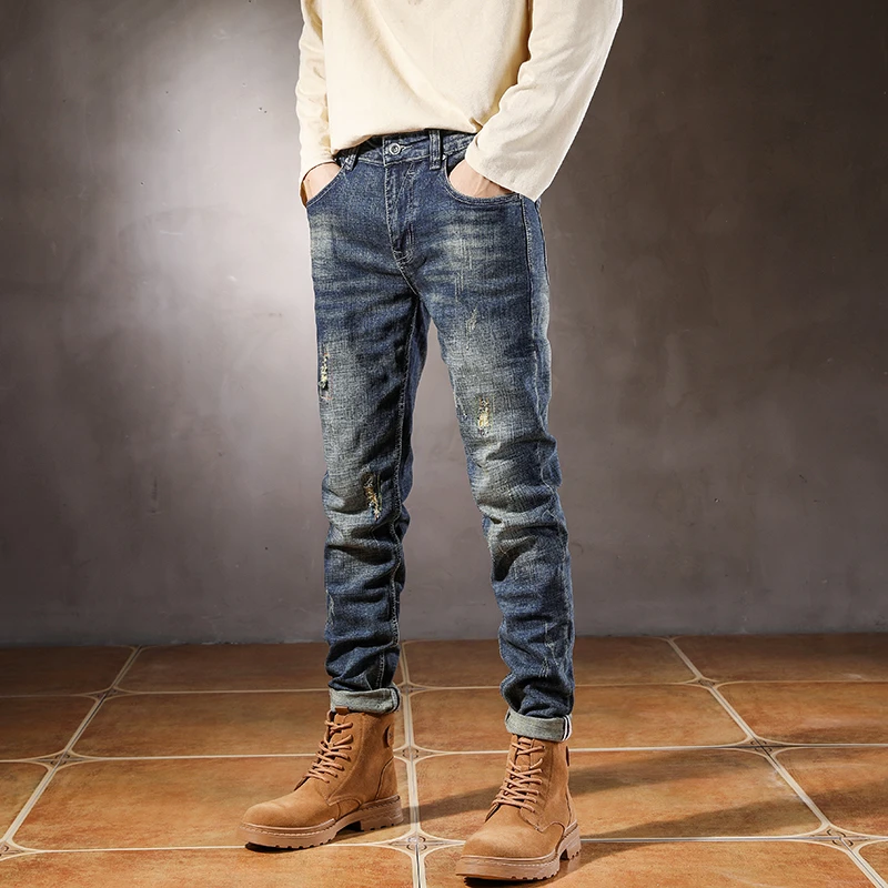 Designer Street Fashion Embroidered Men's Jeans Vintage Blue Elastic Slim Fit Ripped Small Straight Leg Jeans Hombre