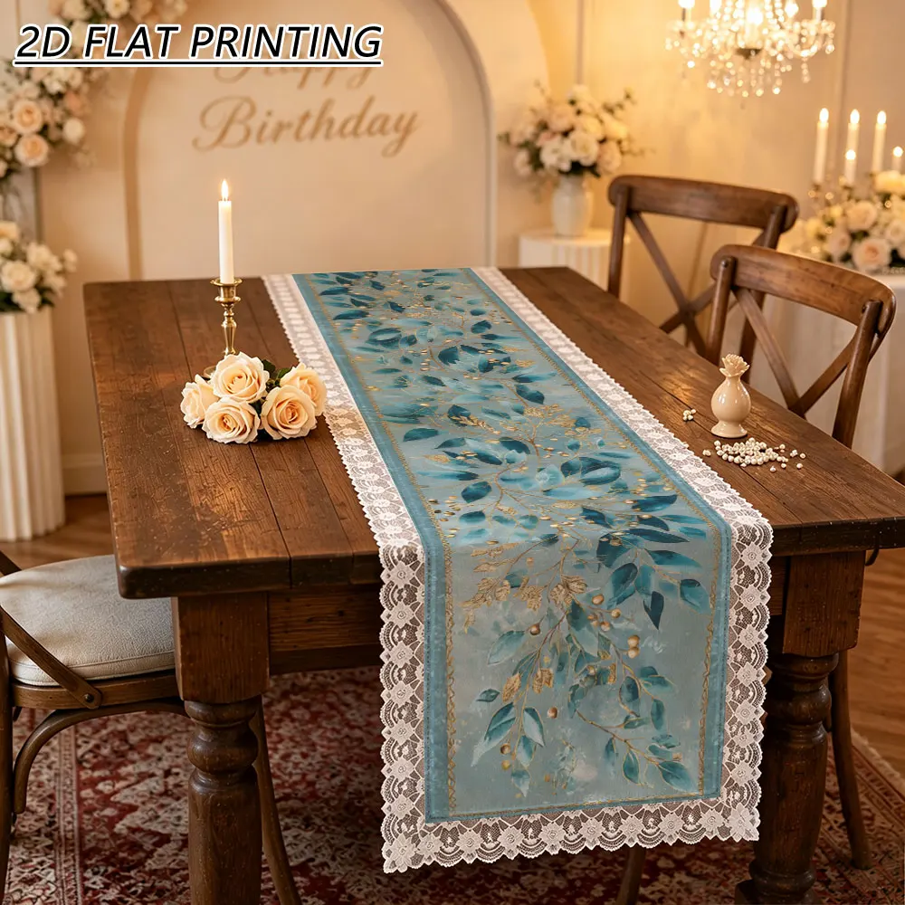 1pc Teal Eucalyptus Leaf Pattern Tulle Lace Table Runner For Home Decor Wedding Banquet Party