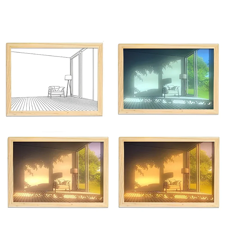 Art Tri Color Light Photo Frame Picture Frame LED Bedroom Night Light Wall Decoration Internet Celebrity Seaside Lines Acrylic