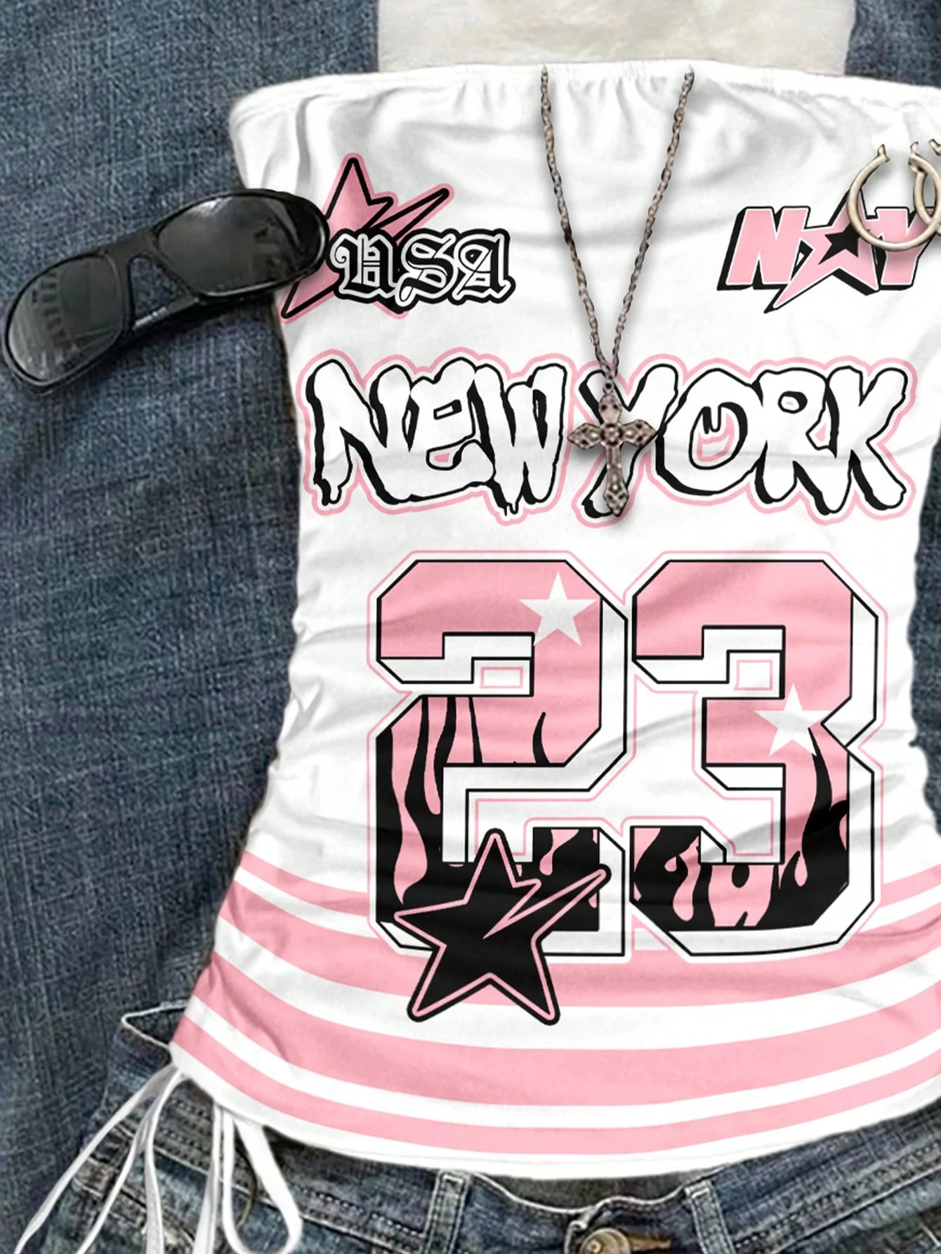 Damska bluzka casualowa ze sznurkiem, nadruk z literą New York i numerem 23, wiązana, obcisła, w stylu streetwear Y2K, idealna na wiosnę i powrót do szkoły.