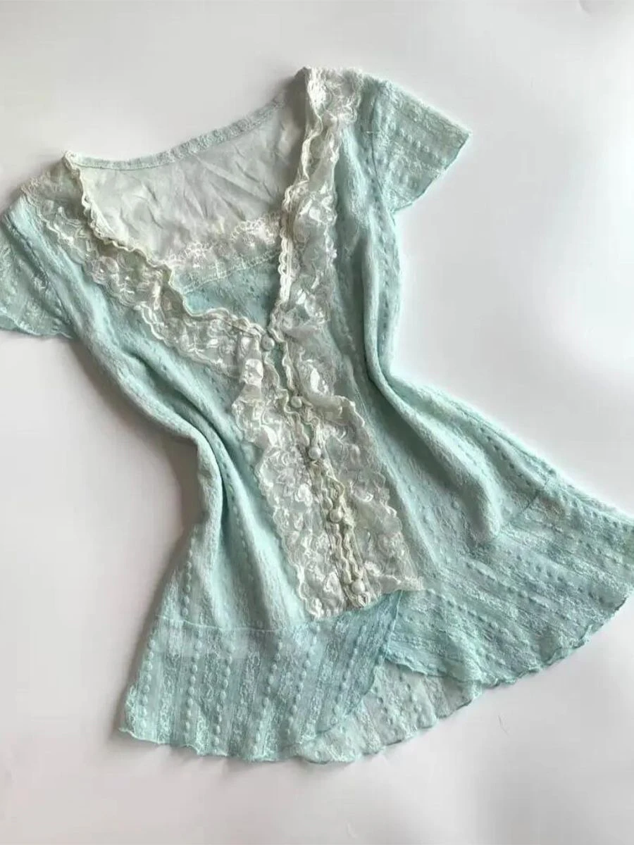 Sweet Lace 2-Piece Set T-shirt+Goth Womens Dresses Vintage Y2k  Slim Punk Short Dress Harajuku 90s Korea V-neck Sexy Summer Tees