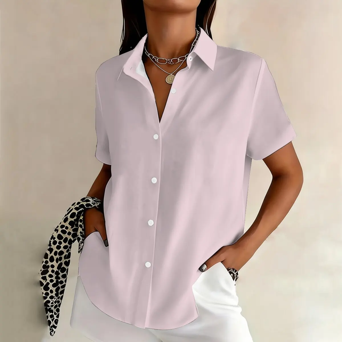Summer women's short-sleeve shirt, soft pink, gentle and fresh, perfect for commuting, gatherings, dates and social occasions.