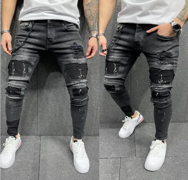 

2024 Men's Stretch Jeans Streetwear Bla Denim Pencil Pants mid Waist Cotton Elastic American Sle Slim Fit Summer Jeans