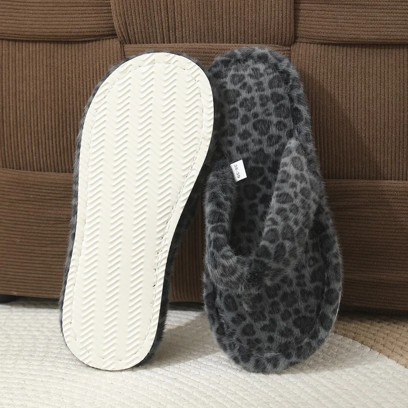 Modische, flauschige Flip-Flops mit Leopardenmuster für Damen, Herbst- und Winterschuhe, warme, weiche Hausschuhe mit Plüschfutter und EVA-Sohle, Mädchen-Hausschuhe aus Baumwolle. – Detail 10