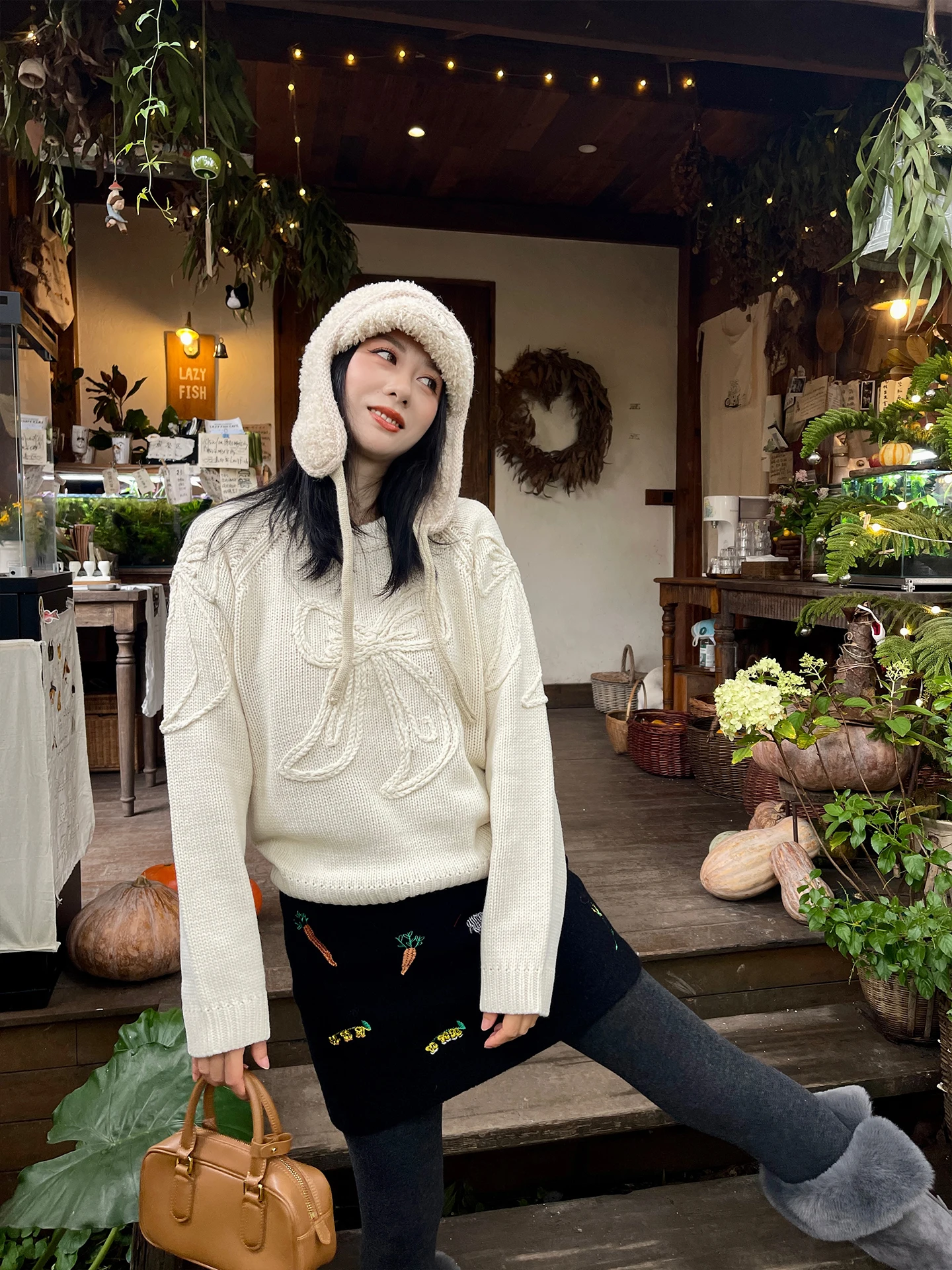 

Heidy Handmade Knot White Sweater Thi Korean Sle round Ne Knitted Cotton Polyester Wool Blend Long Sve Top