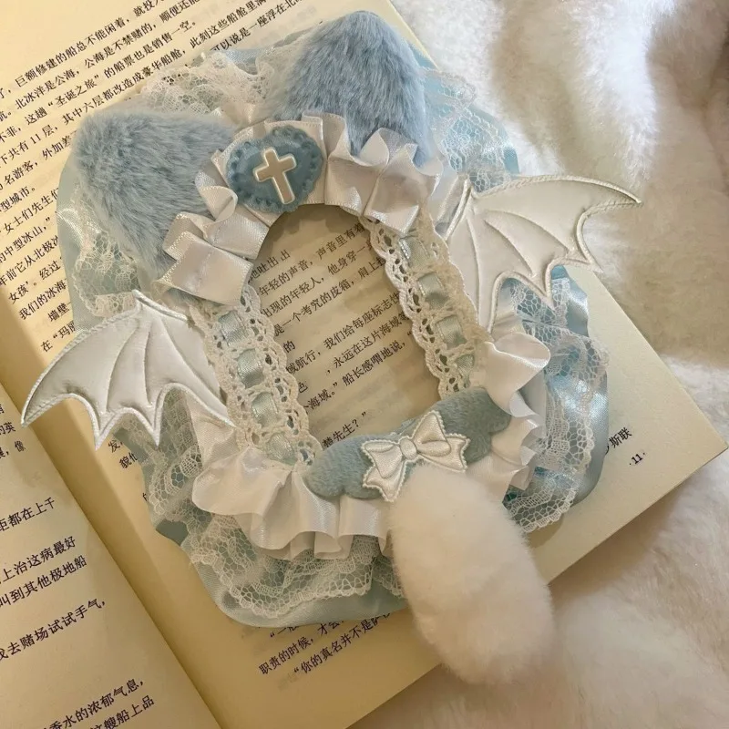 Sky Blue Angel Tail Lace Frill Card Holder DIY Handmade Kpop Photocard Pendant Backpack Decor for Student Idol Photo Keychain