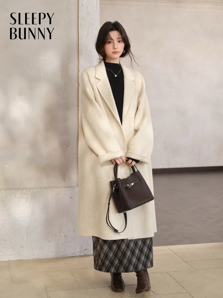 Women H-Line Notched Lapel Wool Long Coat Lady Elegant Loose Fit Double Face Overcoat Chic Winter Office Casual Outerwear Outfit
