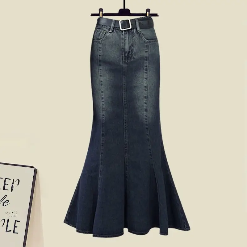 Autumn and Winter Set Women's 2024 New Korean Style Slimming Long Sleeved Top Denim Fishtail Skirt Two-piece Set Trend