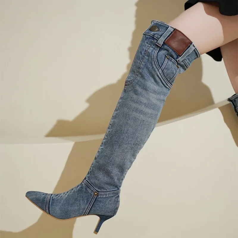 Denim Long Boots Women Knee Boots New 2024 Autumn Winter High Heels Retro Western Hot Girl Cowboy Boots Lady Modern Boot Botas