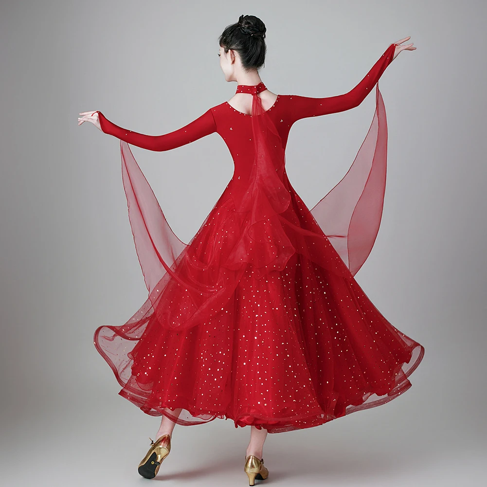 

Burgundy Standard Ballroom Competition Rhinestone Long Sleeve Dress Women Sequin Sparkling Strap Ballroom Dancing Dress