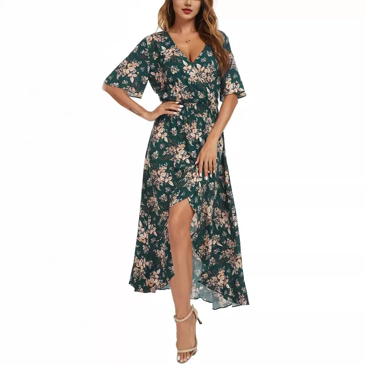 Abito lungo lungo da festa fluido floreale a maniche corte con scollo a V alto e basso