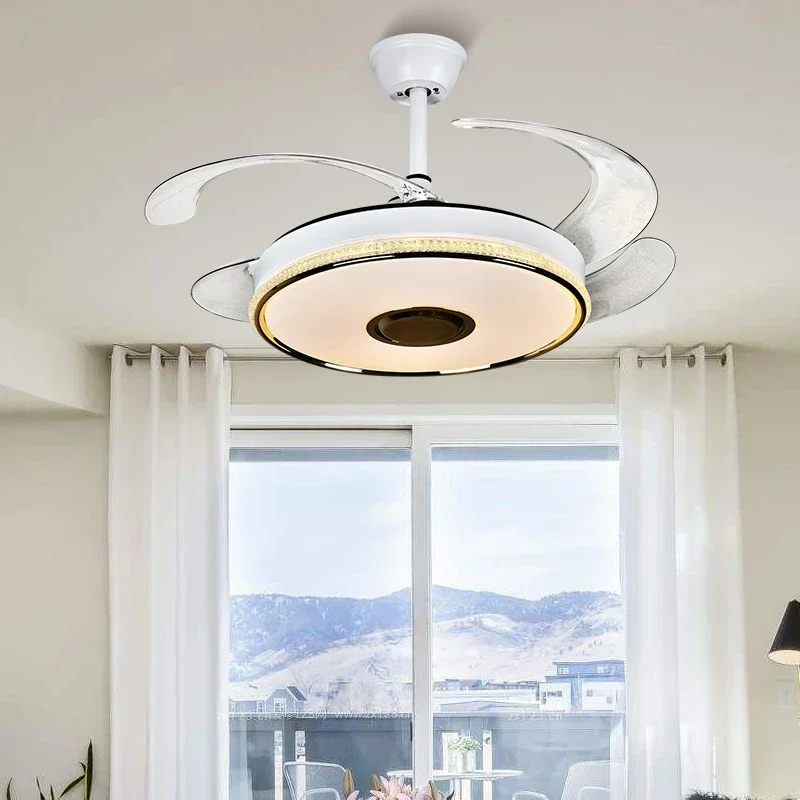 Living Room Hidden Retractable Blades Bluetooth Speaker LED Ceiling Fan with Lighting Remote Control Luminous Light 90 Modern