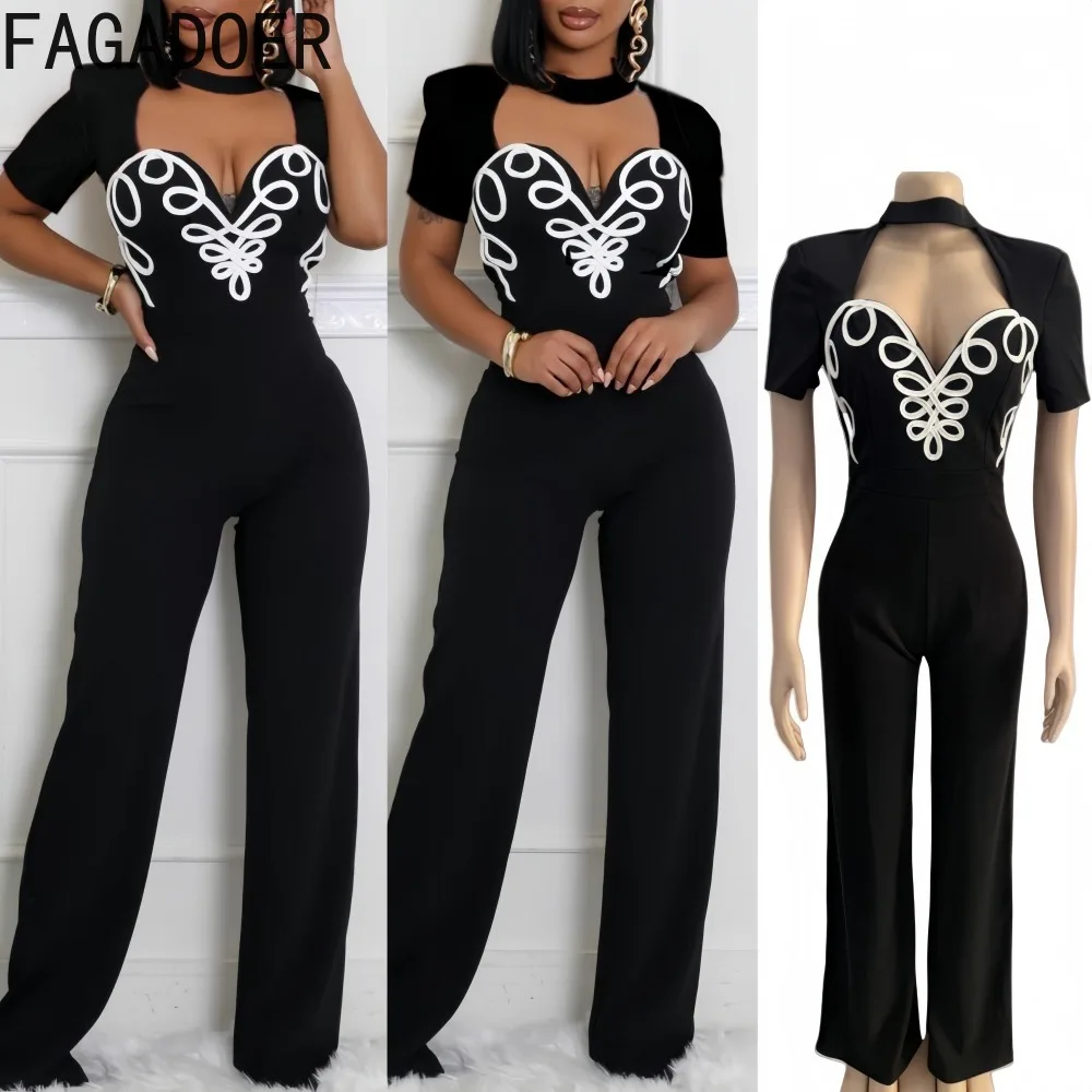FAGADOER Fashion Stripe Patchwork Bodycon Jumpsuits Women Solid Hollow-out Short Sleeve Rompers Female Streetwear Overalls New