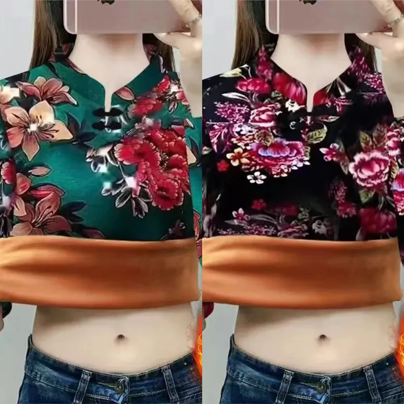 Thickened Fleece Women's Base Shirt Winter Warm Fashion Cover Belly plus Size Casual Loose Fit Polyester Long Sleeve T-shirt