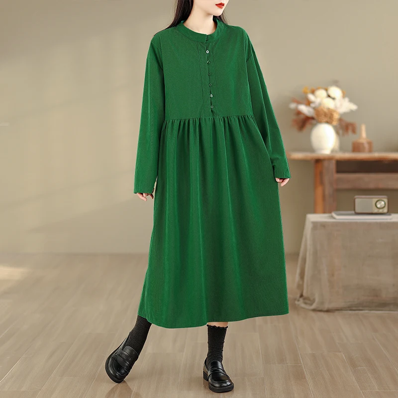 Lente Katoen Fluweel Lang Dr Herfst Winter Warm f Knop rond Ne Long Sve Kleur Midi Dr Pendelen Sle