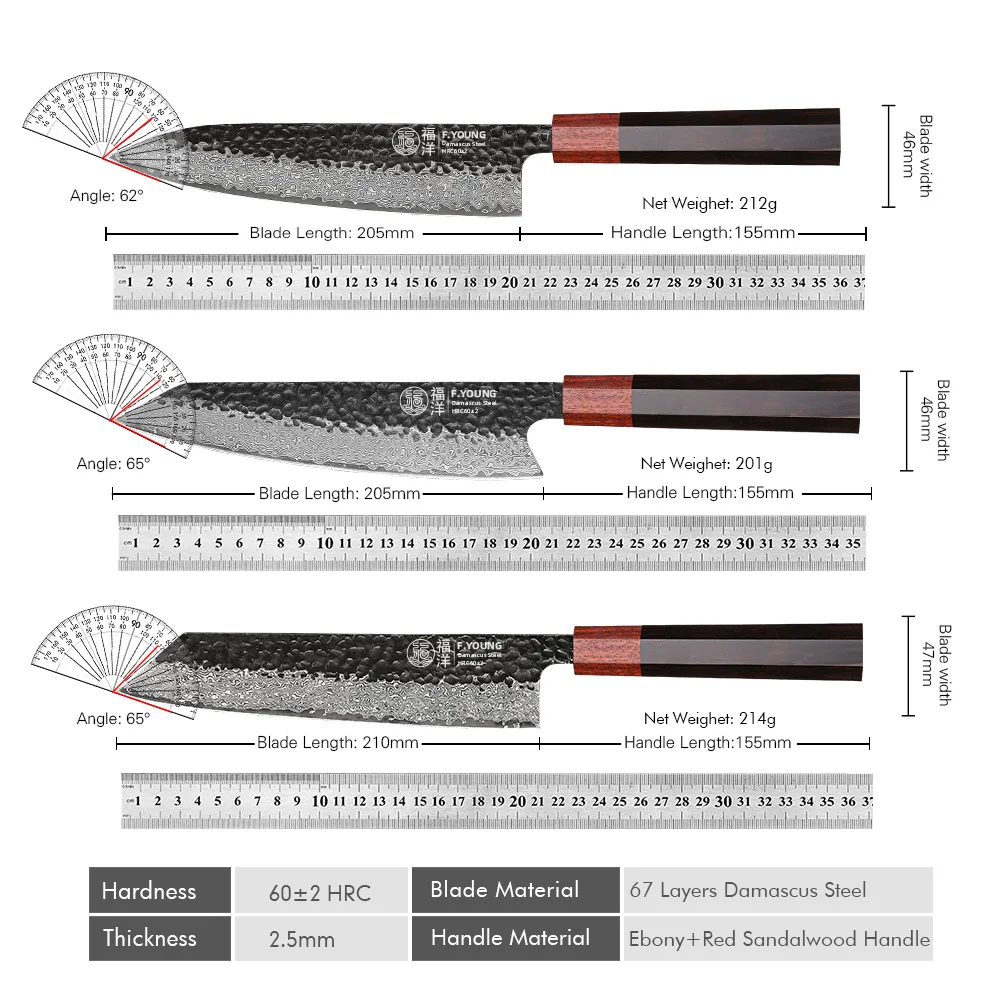 F.YOUNG Japanese Chef Knife Damascus Steel Professional Kitchen Knives Meat Slicing Sashimi Utility Hand Forged Cooking Utensils