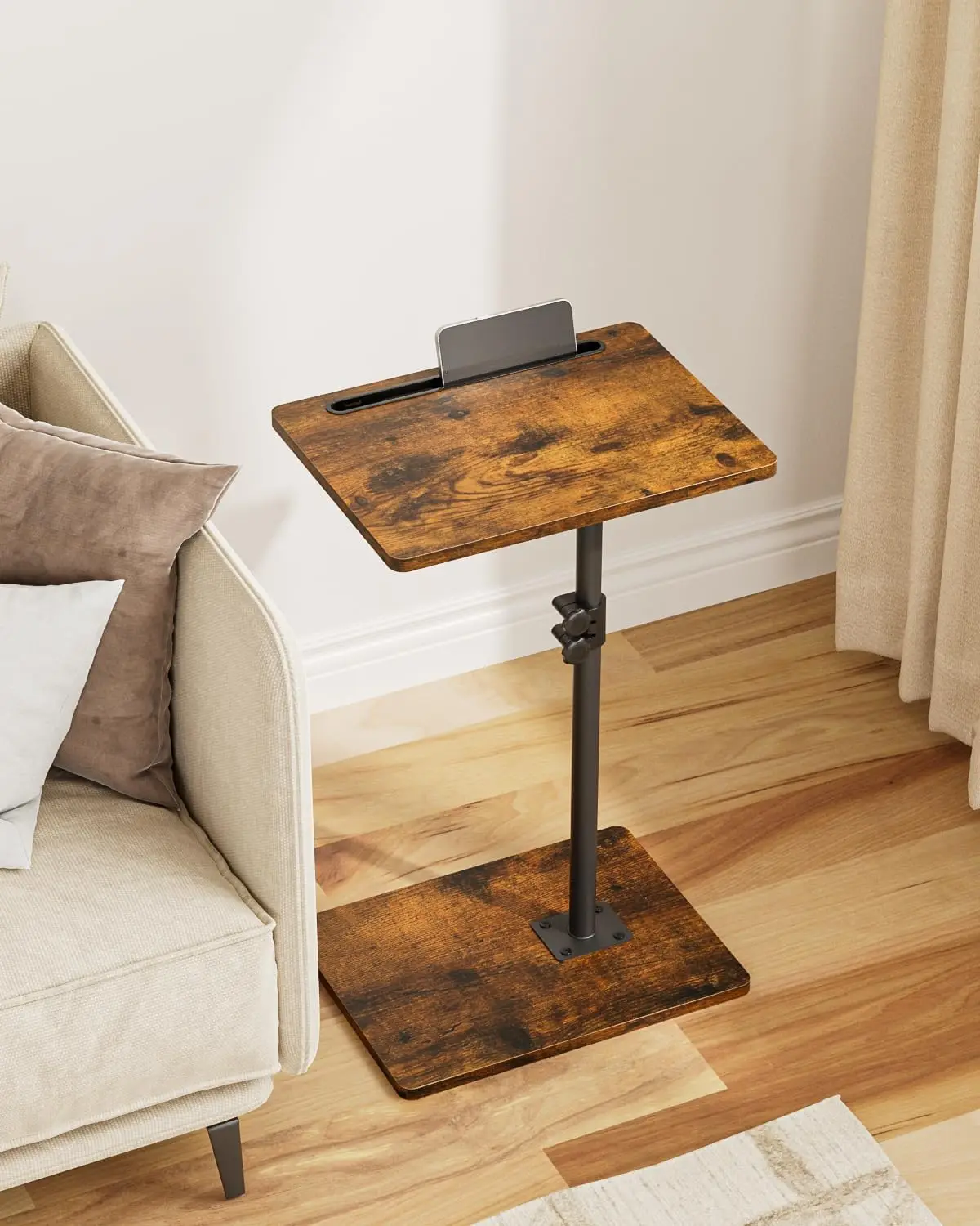 Sofa Arm Tray Table - 360° Swivel Height Adjustable End Table, Small Snack Side Table for Couch, C Shaped Table for Bed