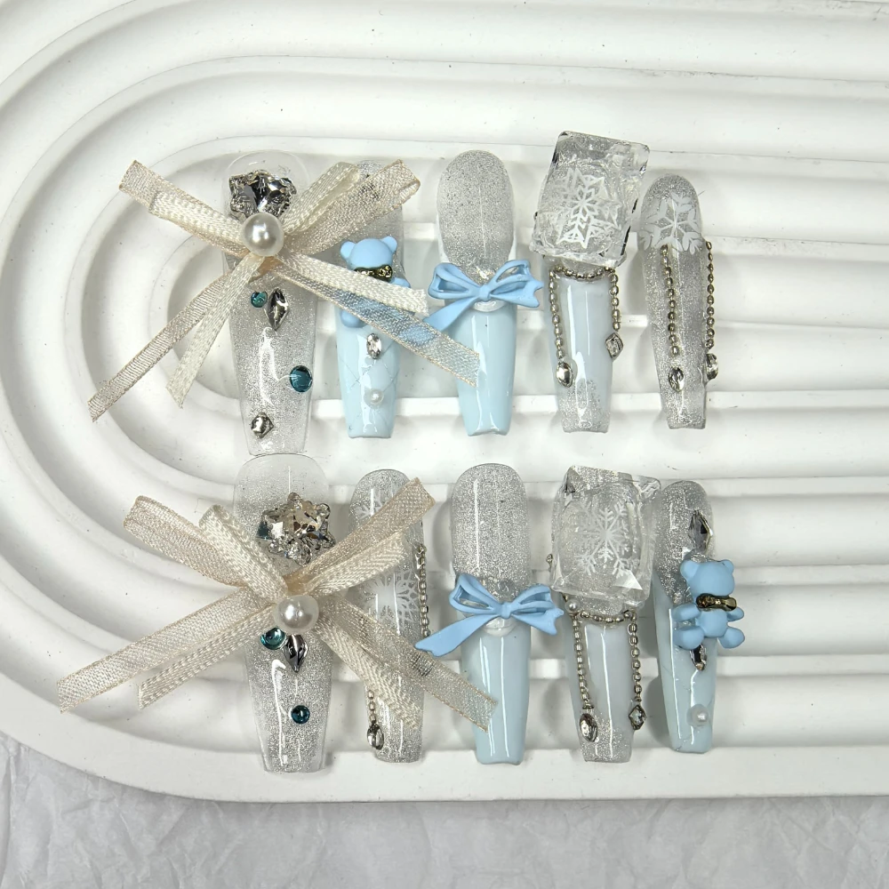 

10 Pieces Cute 3D Bear Bow Pearl Snowflake Handmade Press On Nails Glitter Cat Eye Sea Salt Blue Fake Nails Removable Reusable