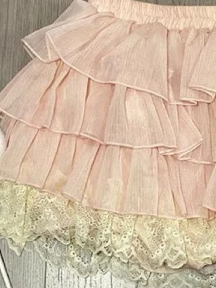 Summer Japanese Sweet Lace Patchwork Mini Skirt Women Low Rise Kawaii Lolita Ruffle Dance Skirt Y2K Streetwear Fairy Cake Skirt