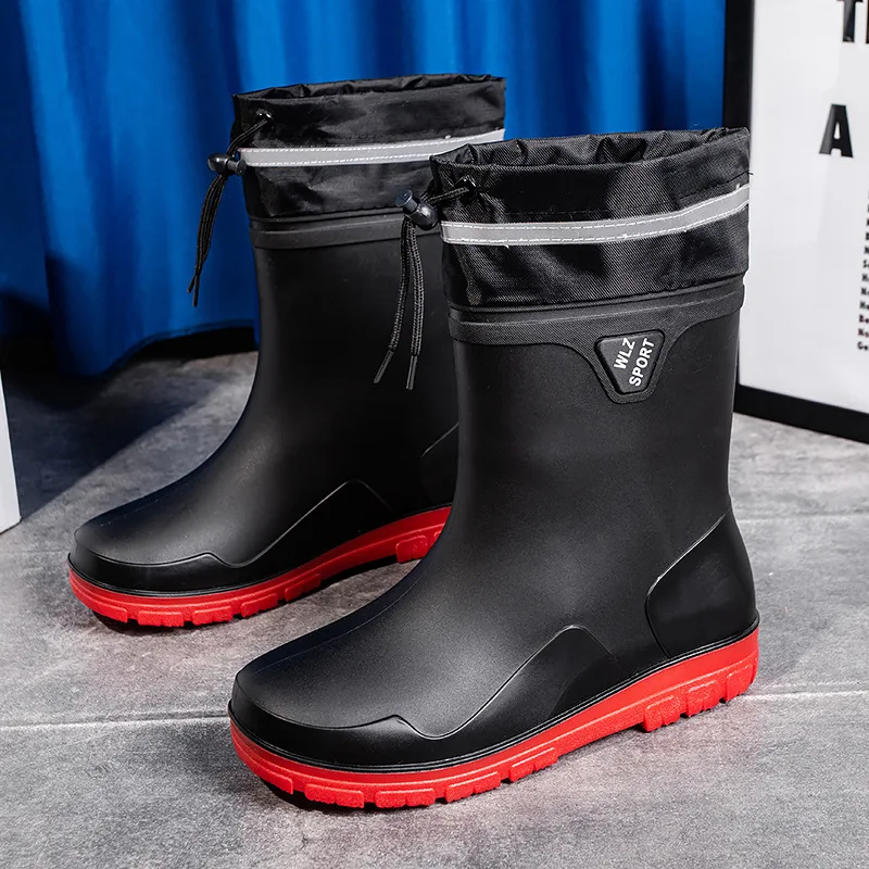 Herren Regens tiefel lange Rohr Wassers chuhe rutsch feste wasserdichte Sicherheits arbeits schuhe schwarz rot Plattform Baumwolle High-Top-Oberbekleidung