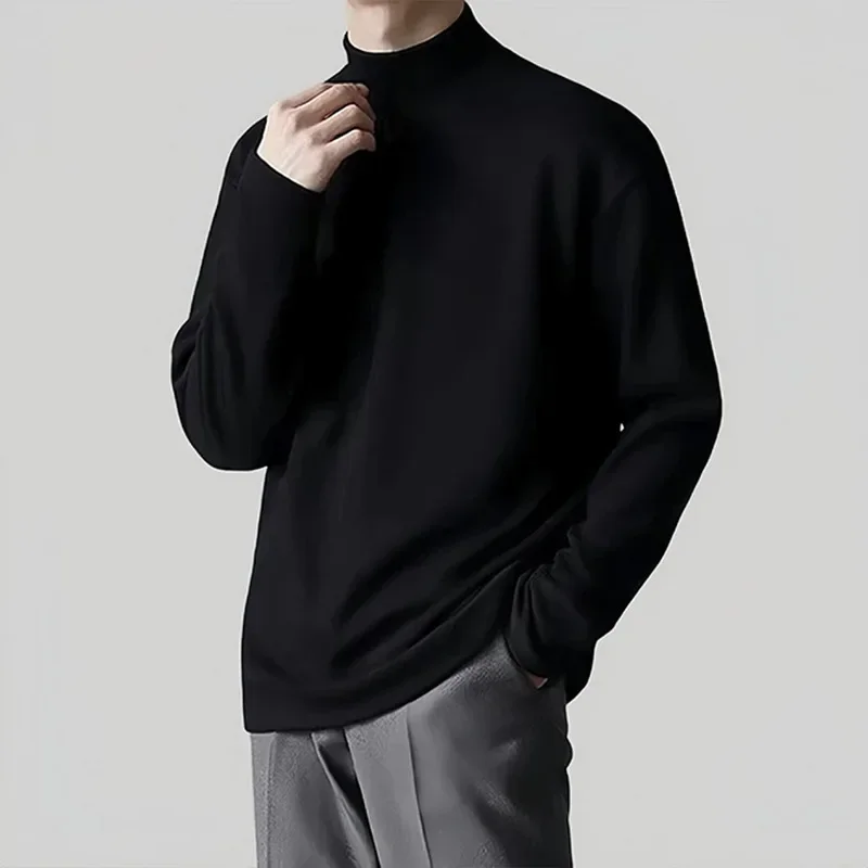 Autumn Winter New Men's Half Polo/Turtle Neck Double-Sided Fleece Base Layer Top Slim Fit Trendy Smooth Silhouette Plus Size