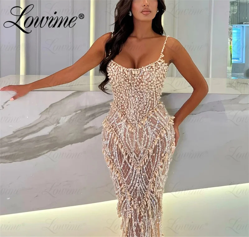 Champagne Full Pearl Luxury Women Party Dresses Spaghetti Straps Mermaid Shiny Sequin Long Beads Arabic Evening Gowns Prom Dress