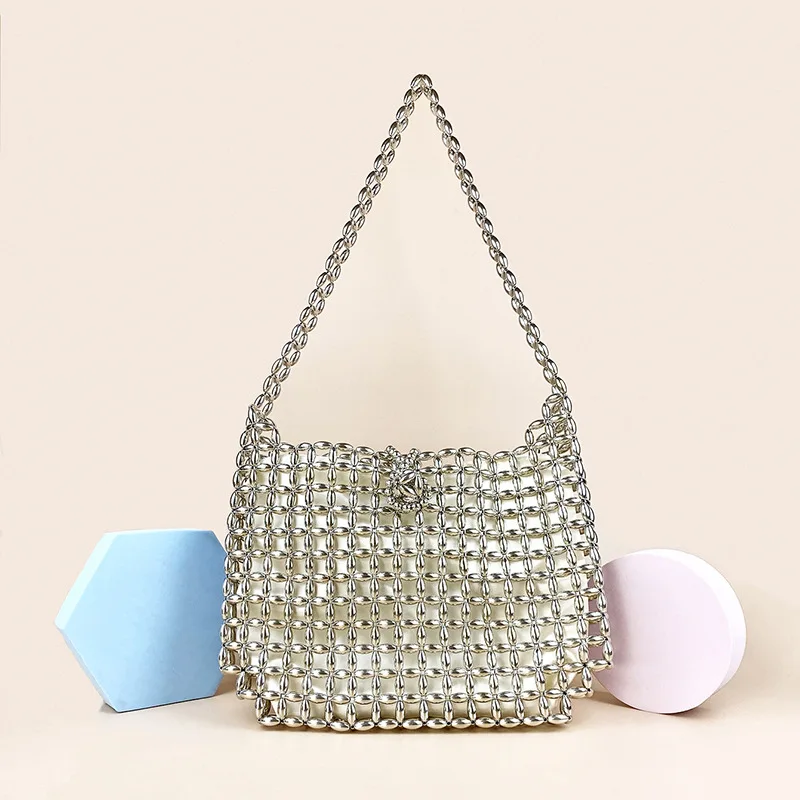 

Handmade Metal Silver Woven Beads Shoulder Bag with Inner Pocket Fashionable Hollow Out Design Beaded Tote Bag Bolsa Feminina