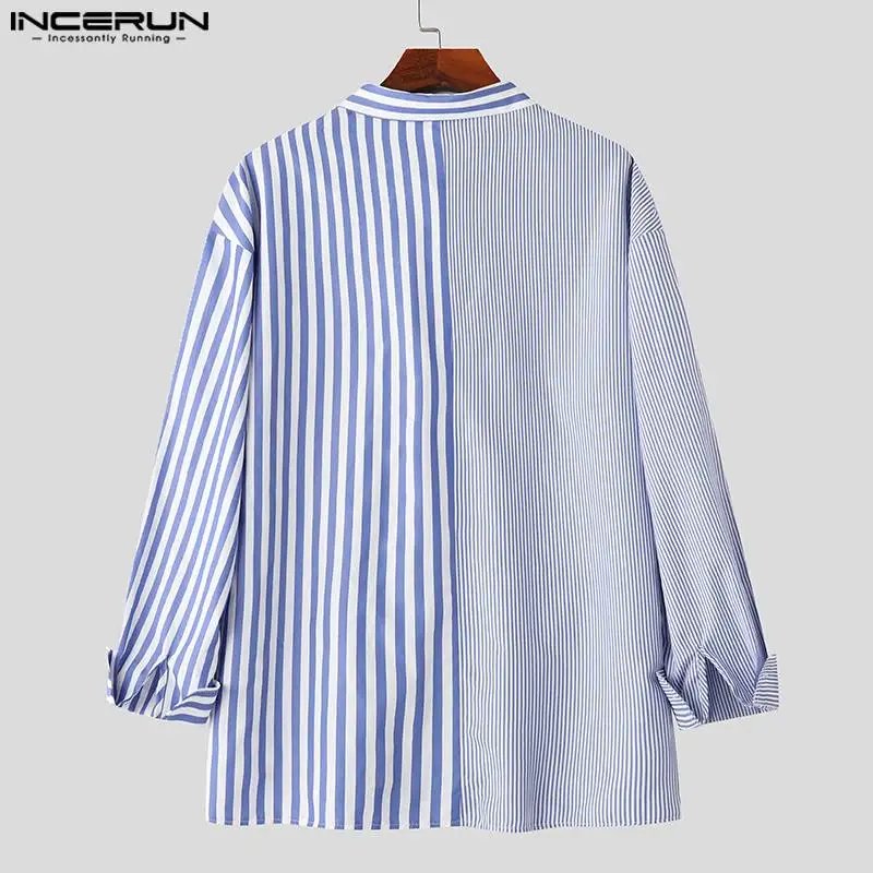 INCERUN Tops 2023 Korean Style New Men\'s Striped Patchwork Design Shirts Casual Streetwear Male Long Sleeved Lapel Blouse S-5XL