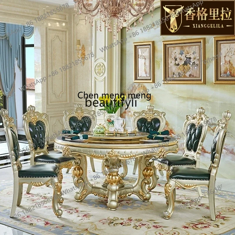 

178European marble dining table, villa solid wood carving flower drawing gold and silver round table with turntable dining table