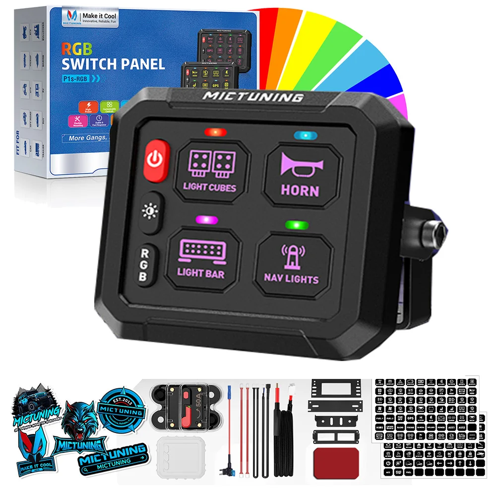 MICTUNING P1s RGB 4 Gang Switch Panel, Multifunction Toggle Momentary Strobe Pulsed Switch Pod with Backlit Off for Truck RV