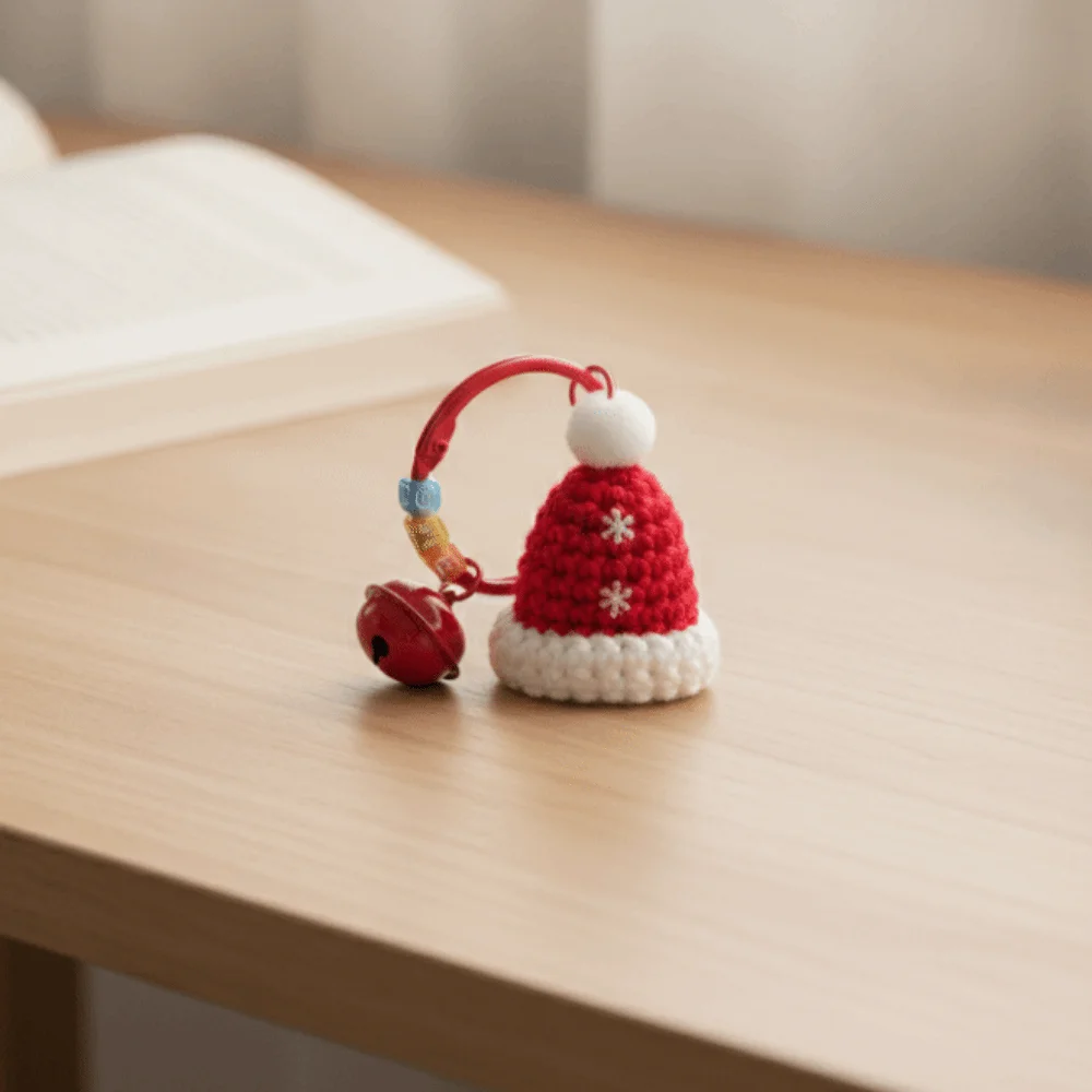 Exquisite handgefertigte Weihnachts-Strickanhänger mit Glöckchen, weicher Weihnachts-Taschenanhänger, Mini-Garn-Weihnachtsanhänger für Freunde – Detail 10