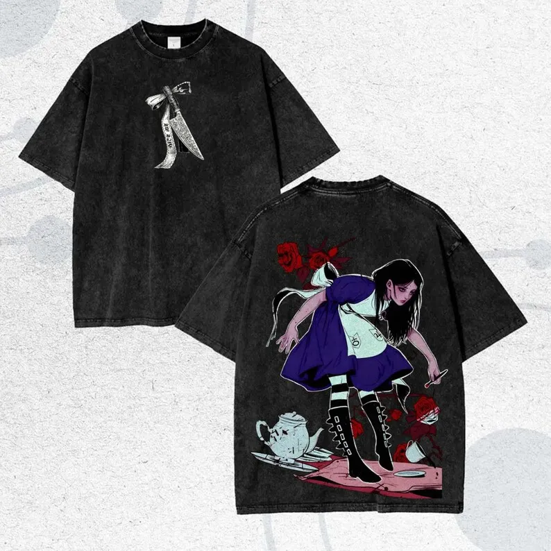 Alice Madness Returns Washed T shirt Couples Plus Size Unisex personality Clothes Year round clothing Classic high quality soft