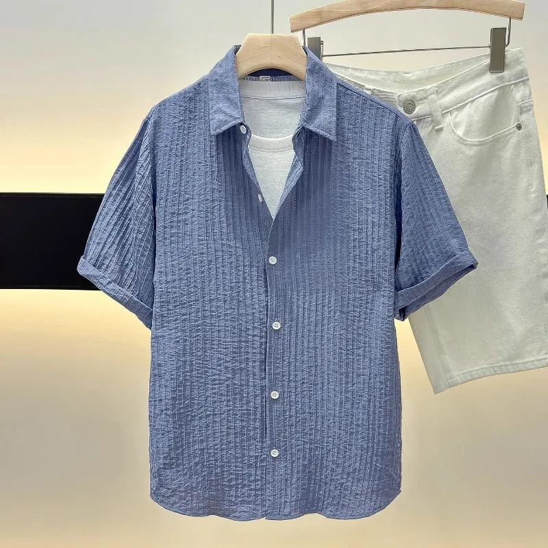 Summer Men's Casual Shirts Casual Button Down Collar Ice Silk Solid Color T-Shirt Vertical Stripe Fit Thin Cool Breathable Tops
