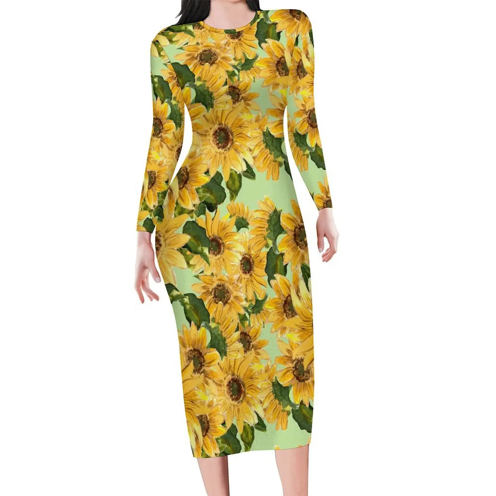 Blühende Sonnenblume Bodycon Kleid weibliche gelbe Blumen sexy Kleider Herbst Langarm ästhetische Grafik Kleid 3xl 4xl 5xl