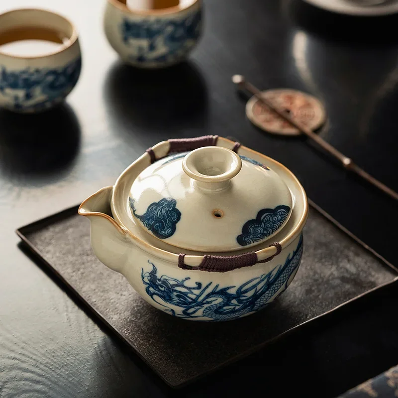 Ru Kiln Cha Wan Tea Cup Blue and White Hand Grab Pot Chinese Kungfu Tea Maker Imitation Yuan Blue and White Dragon Pattern