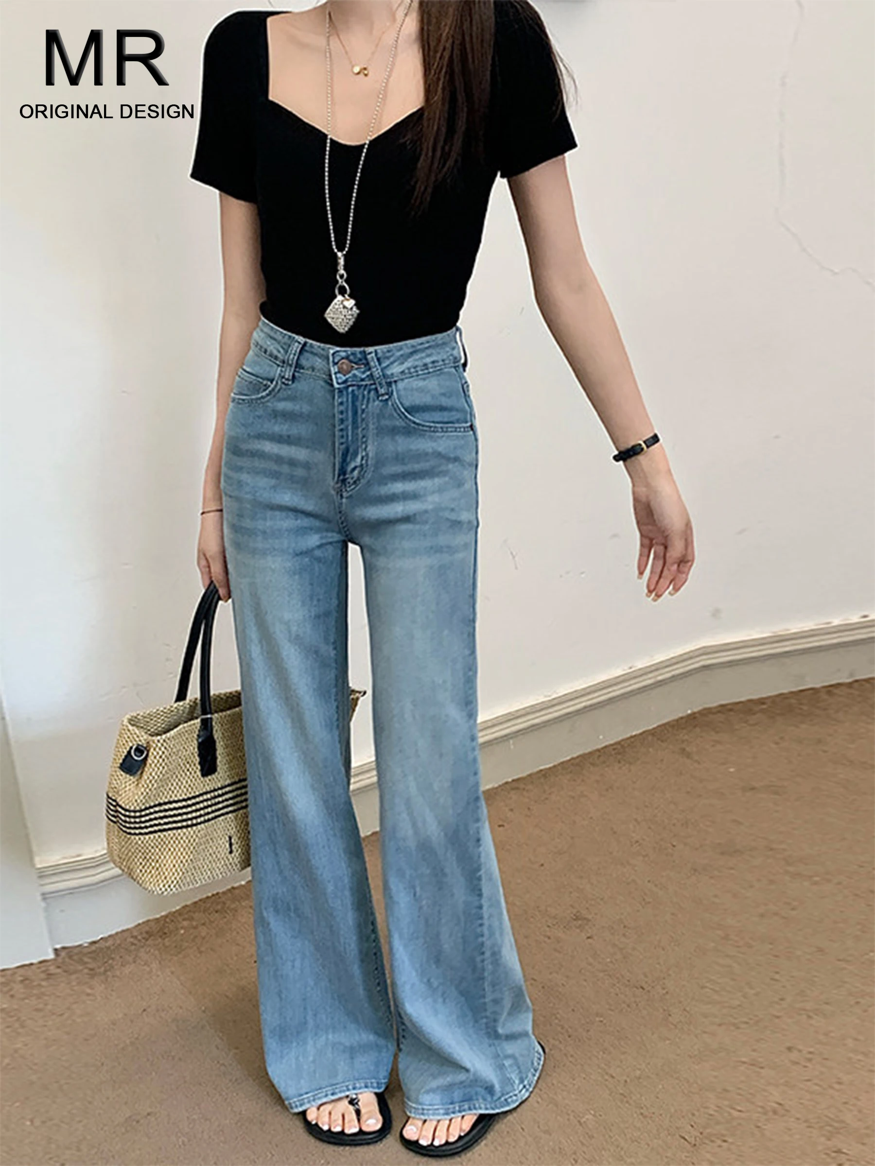

Blue American Retro Wide Leg Silk Denim Jeans Women's Summer Hot Girl Design Sense Leather Brand Floor-Length Pants