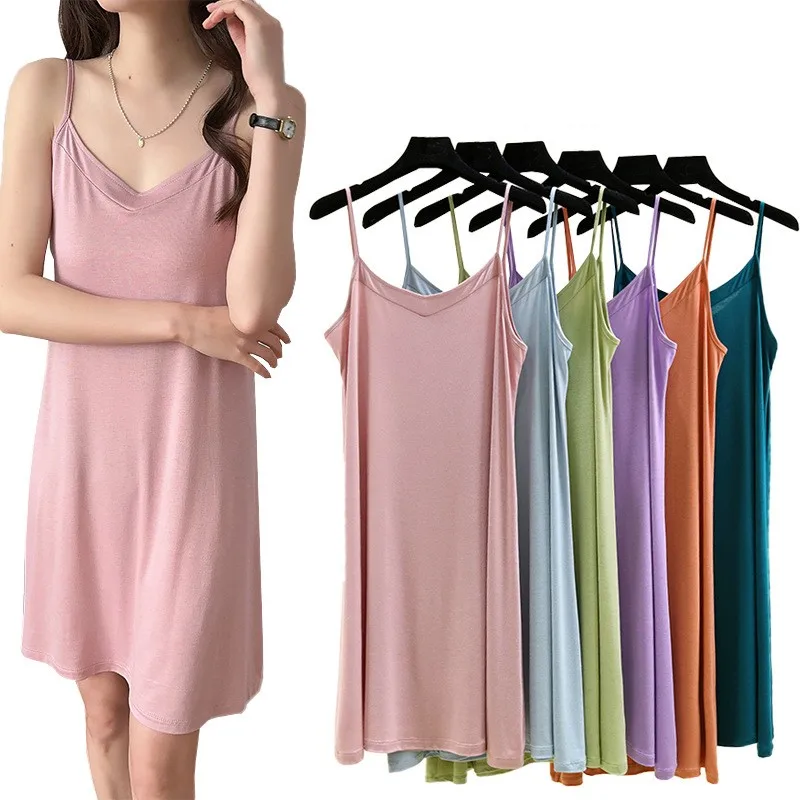 

Modal V-Neck Spaghetti Strap dress summer women's camisole dresses A-line slipdress Loose casual homewear sleepdress