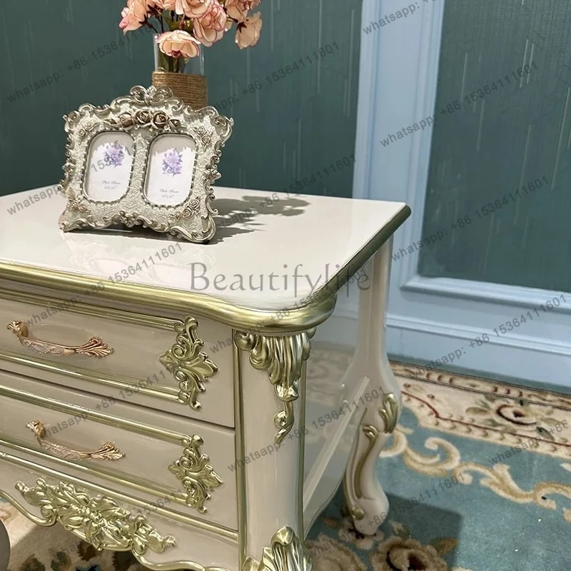 bedside table double drawers, simple bedroom storage cabinet corner few solid wood feet engraved