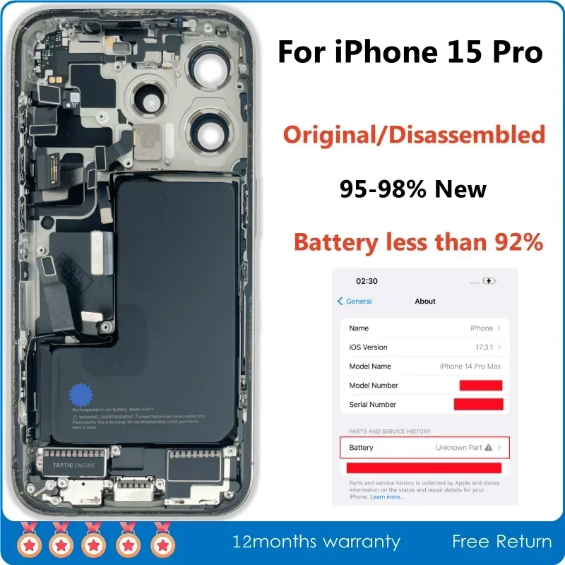 

Original Disassembled Middle Frame Housing, Back Glass Cover for iPhone 15 Pro with Battery, NFC Wireless Assembly, 95% New