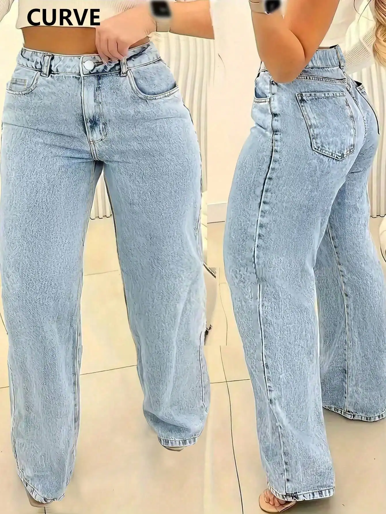 

Джинсы с высокой талией и широкими штанинами больших размеров, с пуговицами и молнией, светлый оттенок, неэластичная ткань