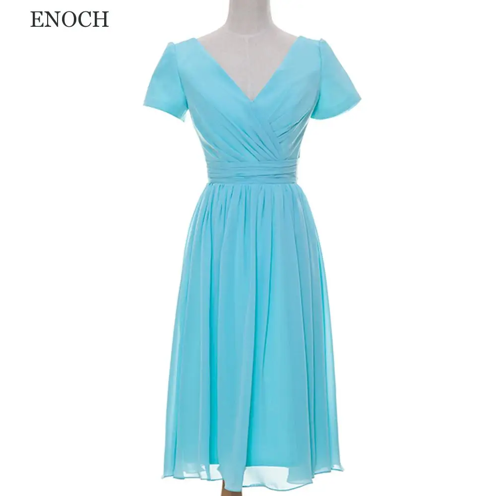 

ENOCH Simple V-Neck Short Sleeves Cocktail Dresses Plain Backless Tea-Length Party Dresses Custom Made Summer Vestido De Coctail