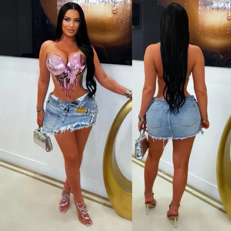 Denim Skirts Women Short Skirt A Line Low Waist Sexy Slim Fit Hip Wrap Button Elegant Splice Y2k Streetwear Work 2026 Spring
